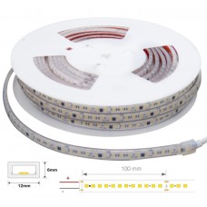 Tira LED 230V monocolor 15W/mt 120L/mt. SMD 2835 IP67 12x6mm corte cada 100mm, rollo 5mts x 10€/m